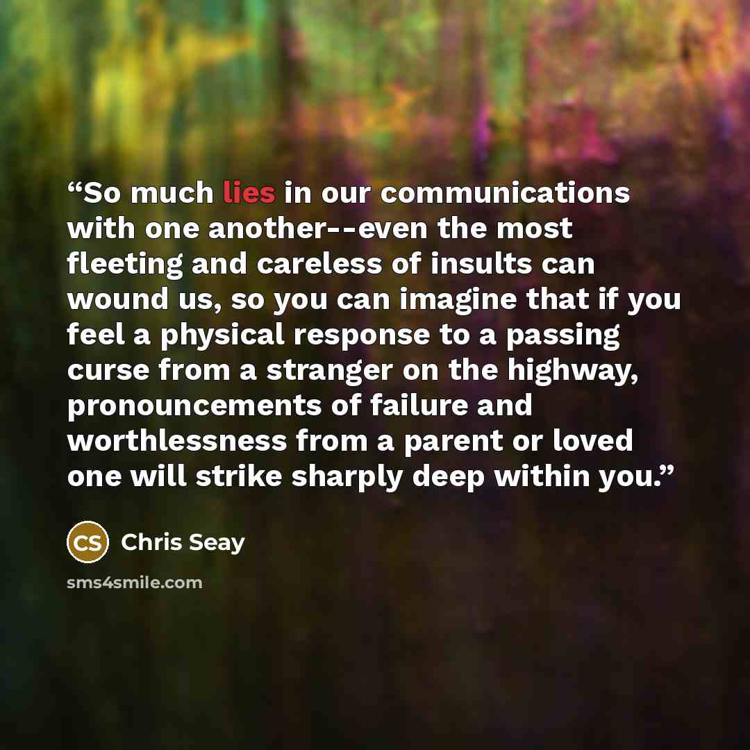 “So much lies in our communications with one another--even the most fleeting and careless of insults can wound us, so you can imagine that if you feel a physical response to a passing curse from a stranger on the highway, pronouncements of failure and worthlessness from a parent or loved one will…” quote by Chris Seay