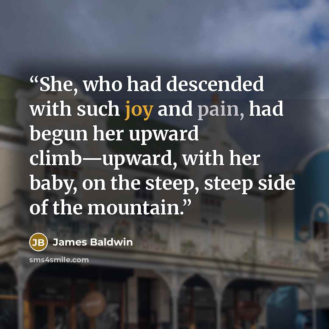 “She, who had descended with such joy and pain, had begun her upward climb—upward, with her baby, on the steep, steep side of the mountain.” quote by James Baldwin