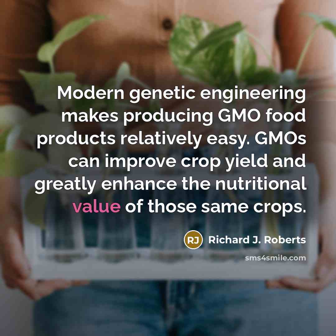 “Modern genetic engineering makes producing GMO food products relatively easy. GMOs can improve crop yield and greatly enhance the nutritional value of those same crops.” quote by Richard J. Roberts
