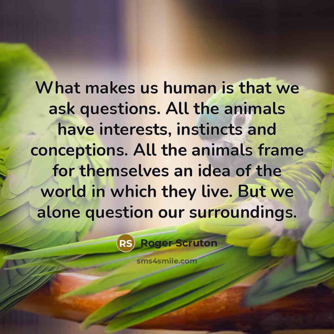 “What makes us human is that we ask questions. All the animals have interests, instincts and conceptions. All the animals frame for themselves an idea of the world in which they live. But we alone question our surroundings.” quote by Roger Scruton