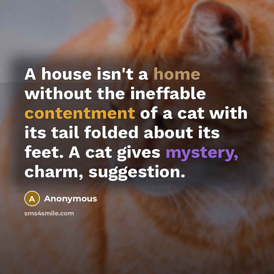 “A house isn't a home without the ineffable contentment of a cat with its tail folded about its feet. A cat gives mystery, charm, suggestion.” quote by Anonymous