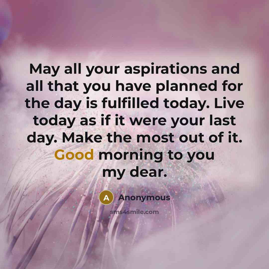 “May all your aspirations and all that you have planned for the day is fulfilled today. Live today as if it were your last day. Make the most out of it. Good morning to you my dear.” quote by Anonymous