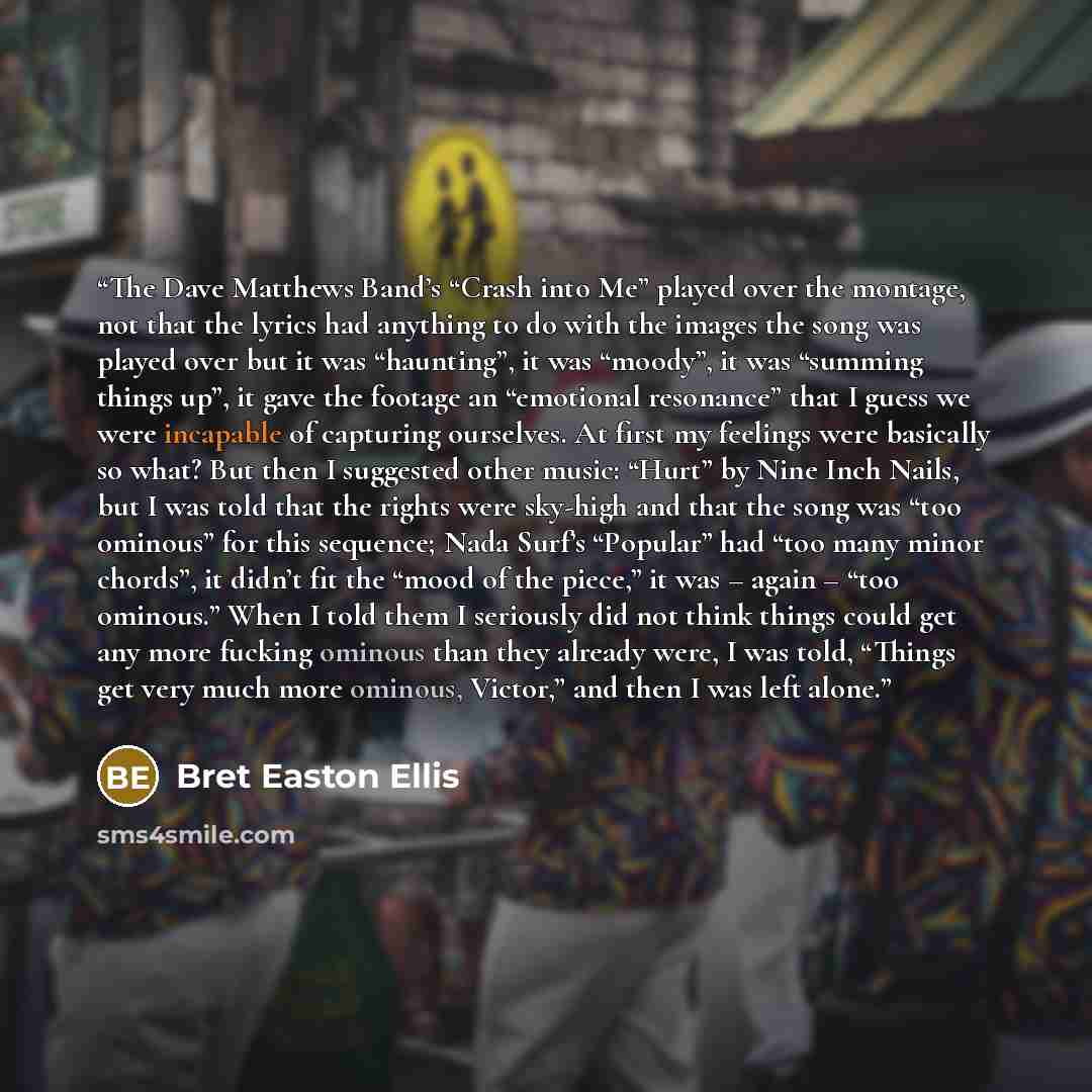 “The Dave Matthews Band’s “Crash into Me” played over the montage, not that the lyrics had anything to do with the images the song was played over but it was “haunting”, it was “moody”, it was “summing things up”, it gave the footage an “emotional resonance” that I guess we were incapable of…” quote by Bret Easton Ellis