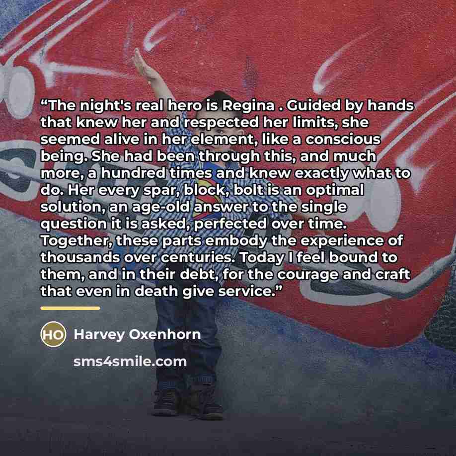 “The night's real hero is Regina . Guided by hands that knew her and respected her limits, she seemed alive in her element, like a conscious being. She had been through this, and much more, a hundred times and knew exactly what to do. Her every spar, block, bolt is an optimal solution, an age-old…” quote by Harvey Oxenhorn