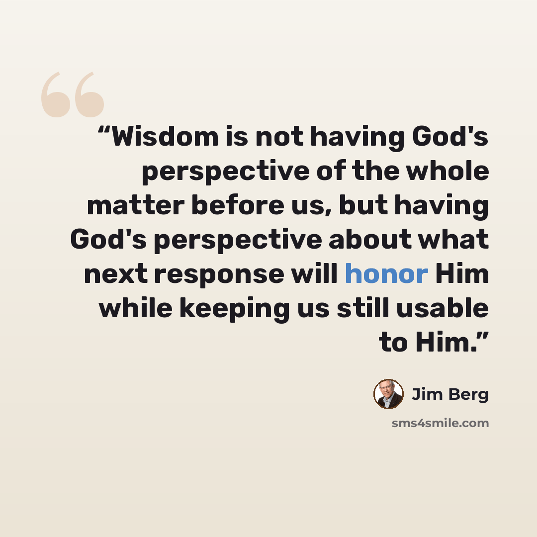 “Wisdom is not having God's perspective of the whole matter before us, but having God's perspective about what next response will honor Him while keeping us still usable to Him.” quote by Jim Berg
