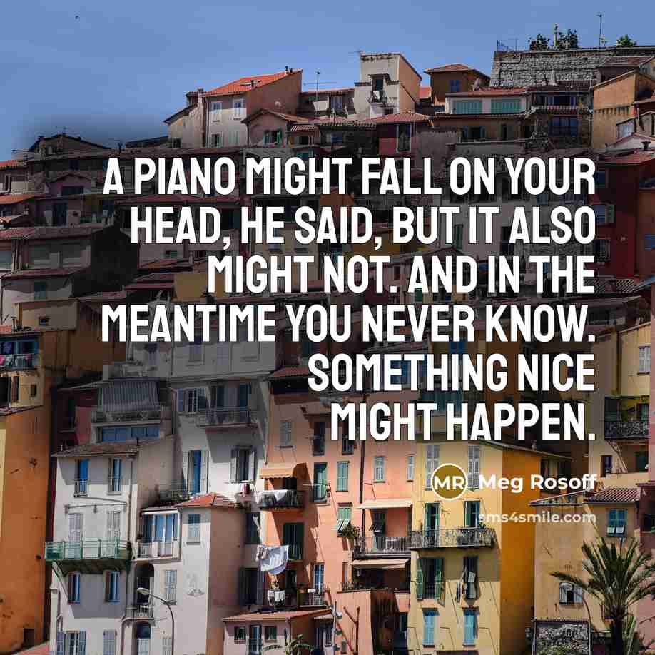 “A piano might fall on your head, he said, but it also might not. And in the meantime you never know. Something nice might happen.” quote by Meg Rosoff