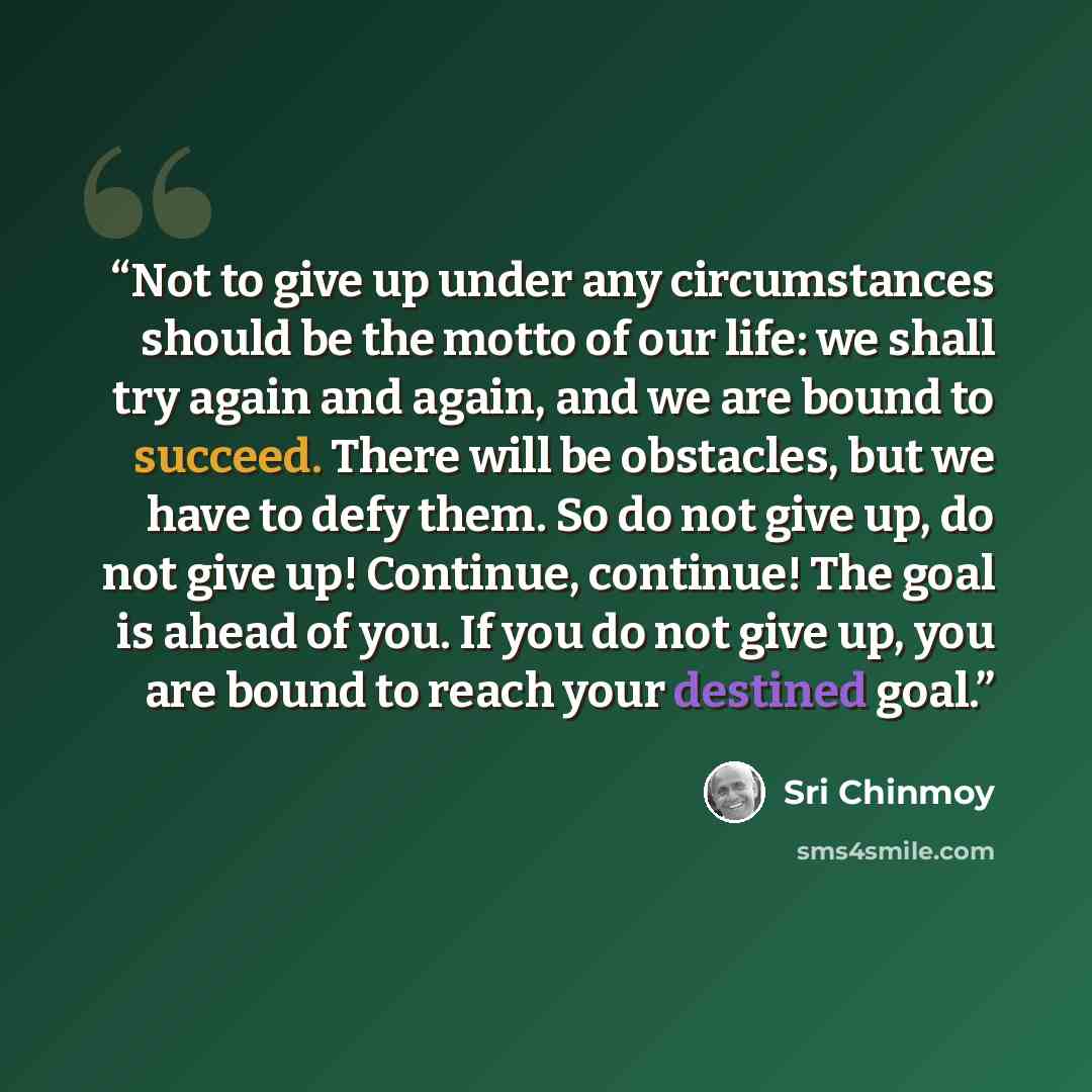 “Not to give up under any circumstances should be the motto of our life: we shall try again and again, and we are bound to succeed. There will be obstacles, but we have to defy them. So do not give up, do not give up! Continue, continue! The goal is ahead of you. If you do not give up, you are…” quote by Sri Chinmoy