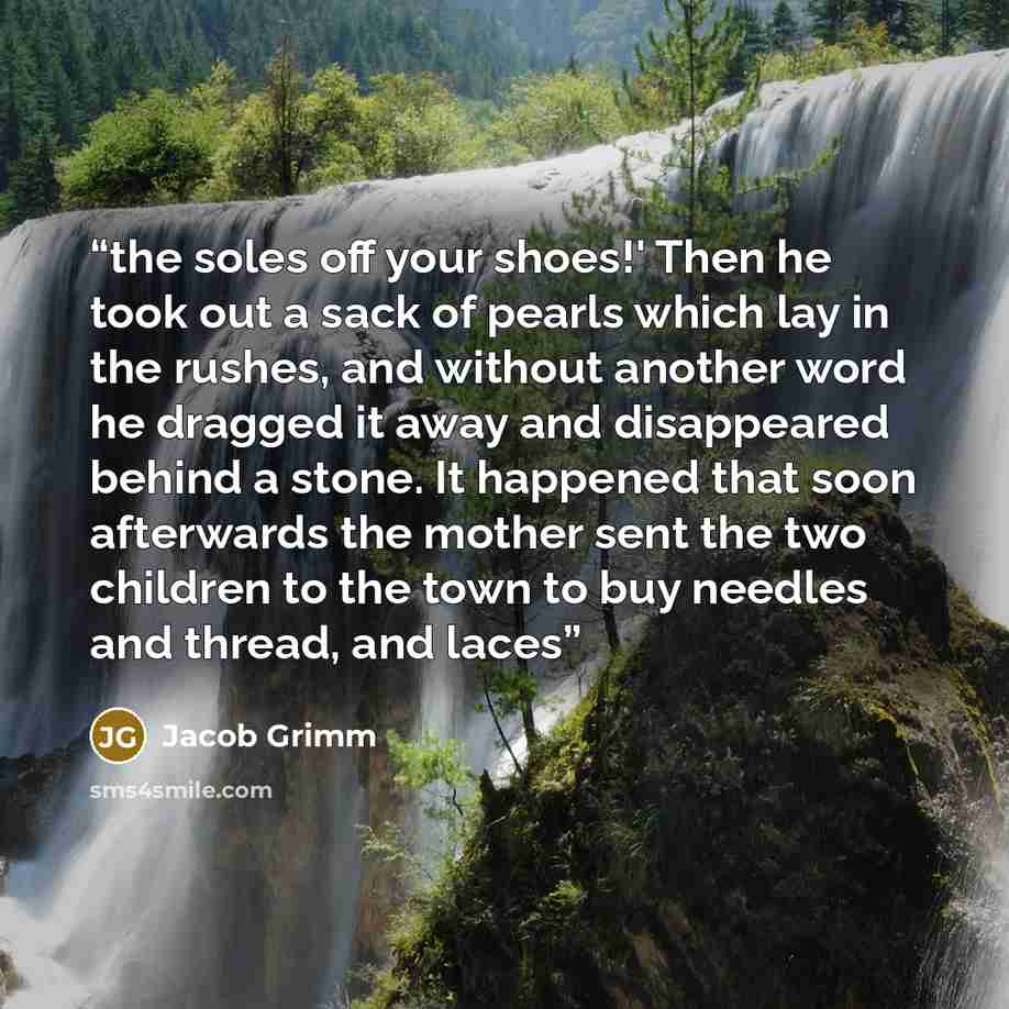 “the soles off your shoes!' Then he took out a sack of pearls which lay in the rushes, and without another word he dragged it away and disappeared behind a stone. It happened that soon afterwards the mother sent the two children to the town to buy needles and thread, and laces” quote by Jacob Grimm