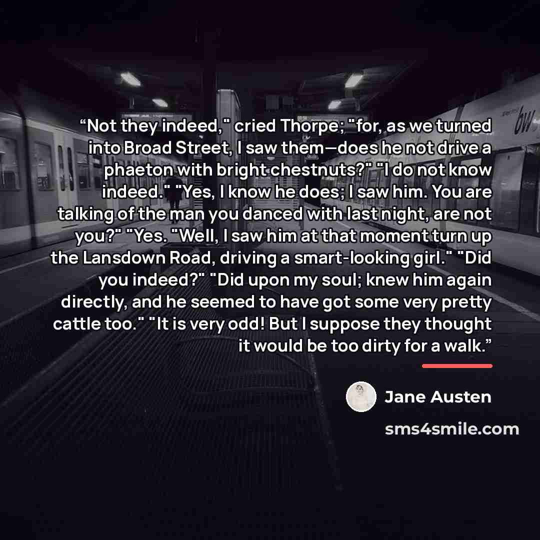 “Not they indeed," cried Thorpe; "for, as we turned into Broad Street, I saw them—does he not drive a phaeton with bright chestnuts?" "I do not know indeed." "Yes, I know he does; I saw him. You are talking of the man you danced with last night, are not you?" "Yes. "Well, I saw him at that moment…” quote by Jane Austen