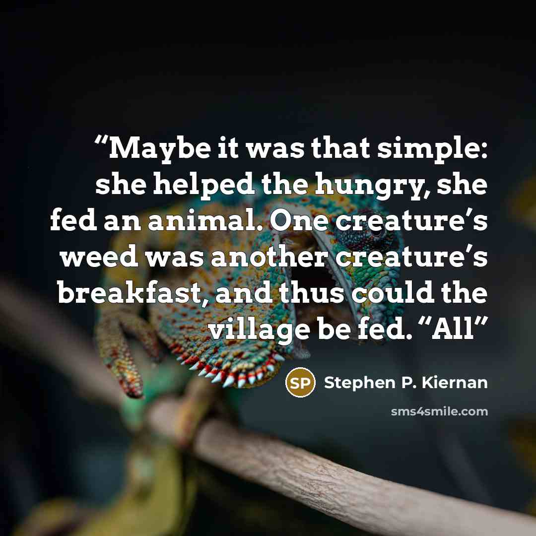 “Maybe it was that simple: she helped the hungry, she fed an animal. One creature’s weed was another creature’s breakfast, and thus could the village be fed. “All” quote by Stephen P. Kiernan