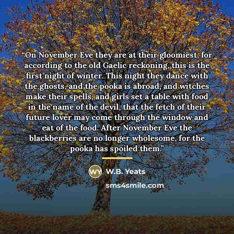 “On November Eve they are at their gloomiest, for according to the old Gaelic reckoning, this is the first night of winter. This night they dance with the ghosts, and the pooka is abroad, and witches make their spells, and girls set a table with food in the name of the devil, that the fetch of…” quote by W.B. Yeats