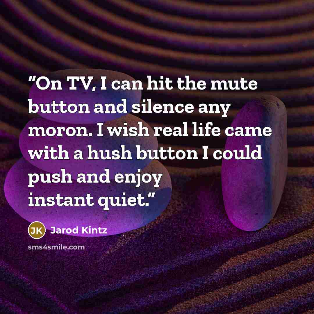 “On TV, I can hit the mute button and silence any moron. I wish real life came with a hush button I could push and enjoy instant quiet.” quote by Jarod Kintz