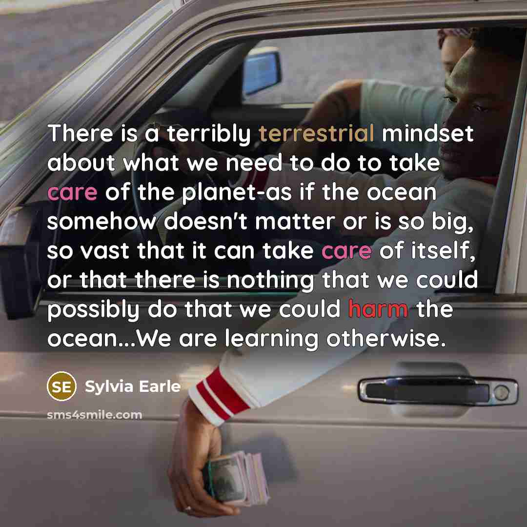 “There is a terribly terrestrial mindset about what we need to do to take care of the planet-as if the ocean somehow doesn't matter or is so big, so vast that it can take care of itself, or that there is nothing that we could possibly do that we could harm the ocean...We are learning otherwise.” quote by Sylvia Earle