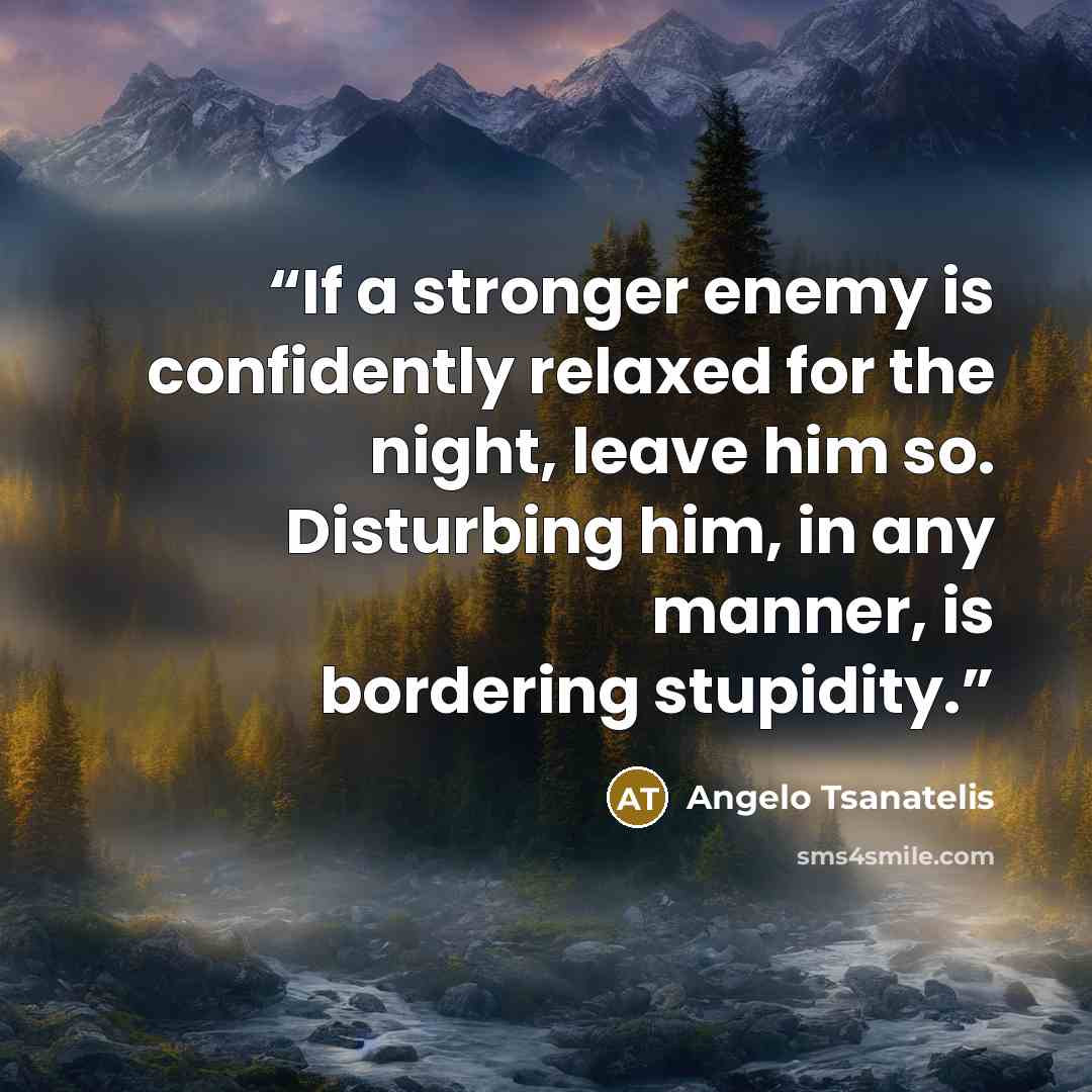 “If a stronger enemy is confidently relaxed for the night, leave him so. Disturbing him, in any manner, is bordering stupidity.” quote by Angelo Tsanatelis