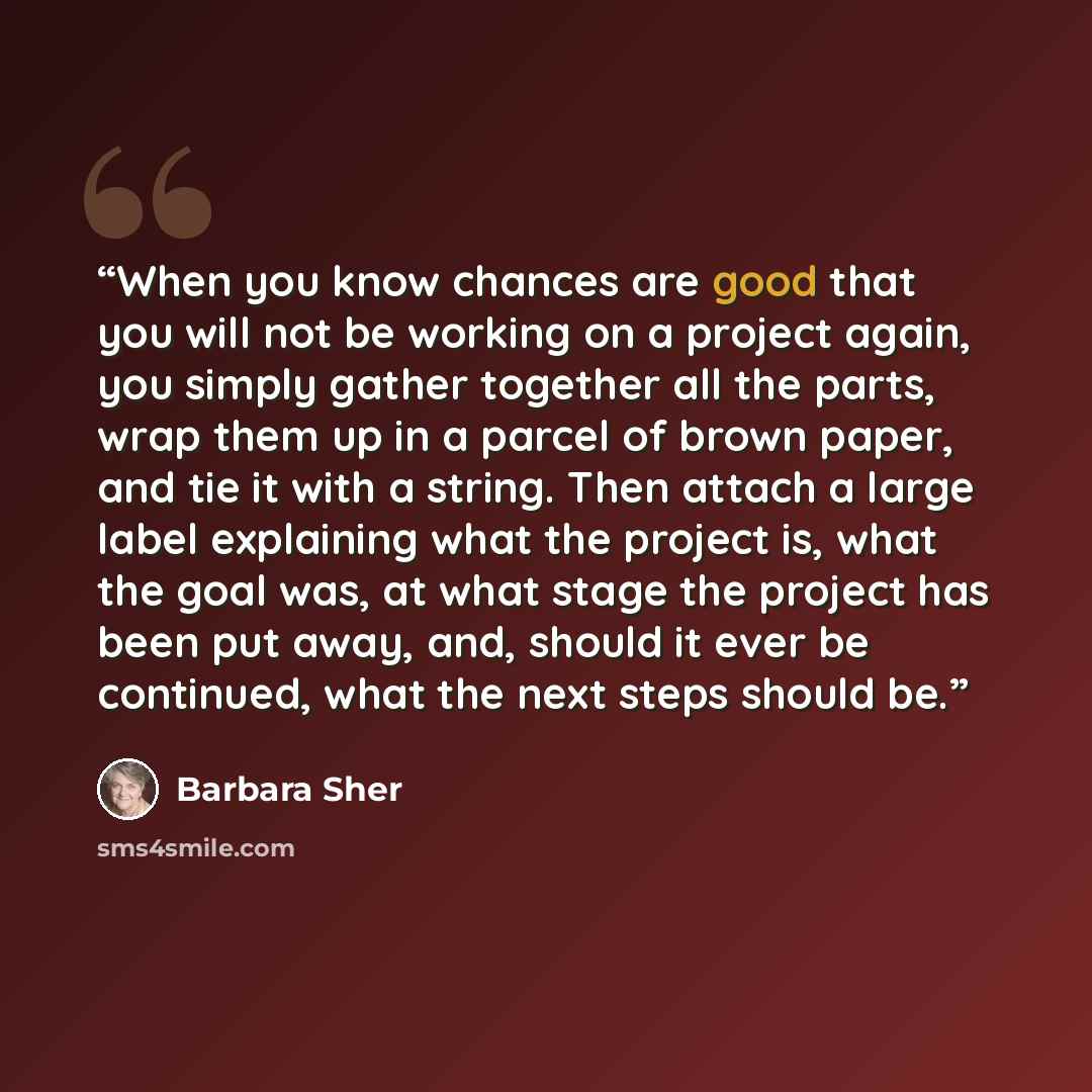 “When you know chances are good that you will not be working on a project again, you simply gather together all the parts, wrap them up in a parcel of brown paper, and tie it with a string. Then attach a large label explaining what the project is, what the goal was, at what stage the project has…” quote by Barbara Sher