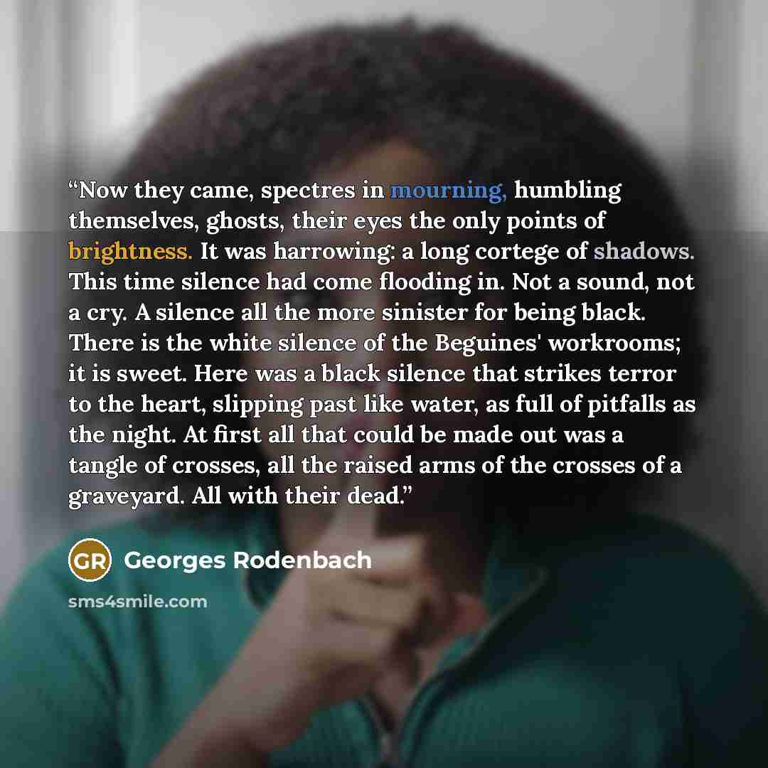“Now they came, spectres in mourning, humbling themselves, ghosts, their eyes the only points of brightness. It was harrowing: a long cortege of shadows. This time silence had come flooding in. Not a sound, not a cry. A silence all the more sinister for being black. There is the white silence of…” quote by Georges Rodenbach