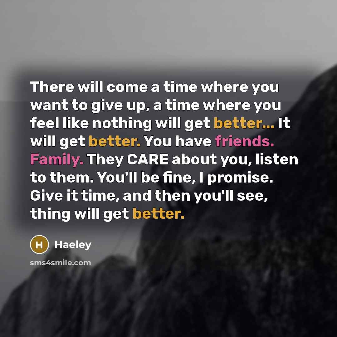 “There will come a time where you want to give up, a time where you feel like nothing will get better... It will get better. You have friends. Family. They CARE about you, listen to them. You'll be fine, I promise. Give it time, and then you'll see, thing will get better.” quote by Haeley