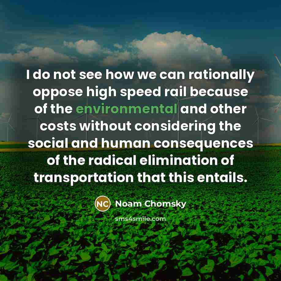 “I do not see how we can rationally oppose high speed rail because of the environmental and other costs without considering the social and human consequences of the radical elimination of transportation that this entails.” quote by Noam Chomsky