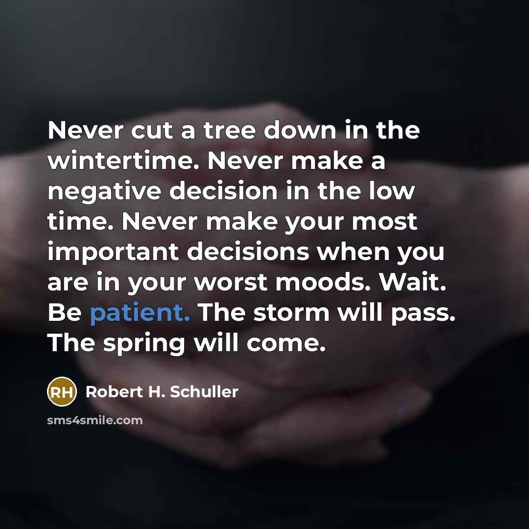 “Never cut a tree down in the wintertime. Never make a negative decision in the low time. Never make your most important decisions when you are in your worst moods. Wait. Be patient. The storm will pass. The spring will come.” quote by Robert H. Schuller