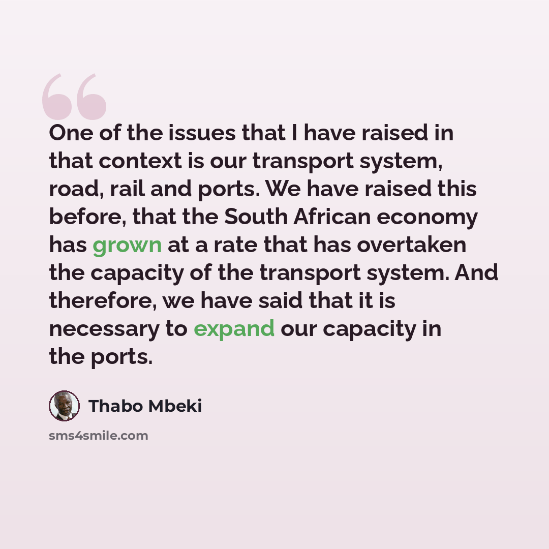 “One of the issues that I have raised in that context is our transport system, road, rail and ports. We have raised this before, that the South African economy has grown at a rate that has overtaken the capacity of the transport system. And therefore, we have said that it is necessary to expand our…” quote by Thabo Mbeki