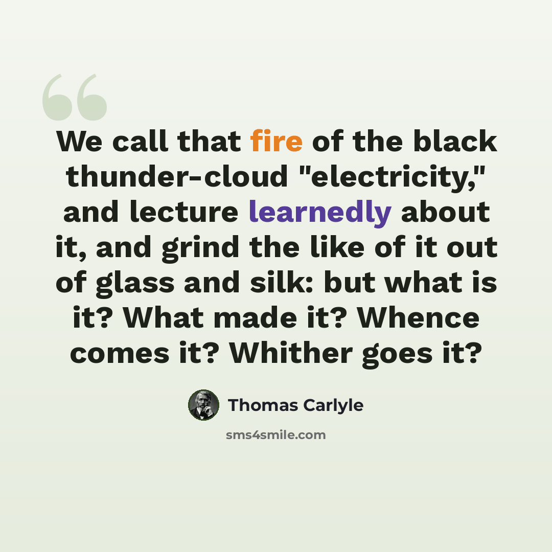 “We call that fire of the black thunder-cloud "electricity," and lecture learnedly about it, and grind the like of it out of glass and silk: but what is it? What made it? Whence comes it? Whither goes it?” quote by Thomas Carlyle