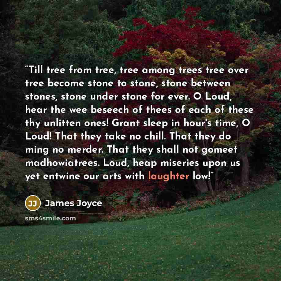 “Till tree from tree, tree among trees tree over tree become stone to stone, stone between stones, stone under stone for ever. O Loud, hear the wee beseech of thees of each of these thy unlitten ones! Grant sleep in hour's time, O Loud! That they take no chill. That they do ming no merder. That…” quote by James Joyce