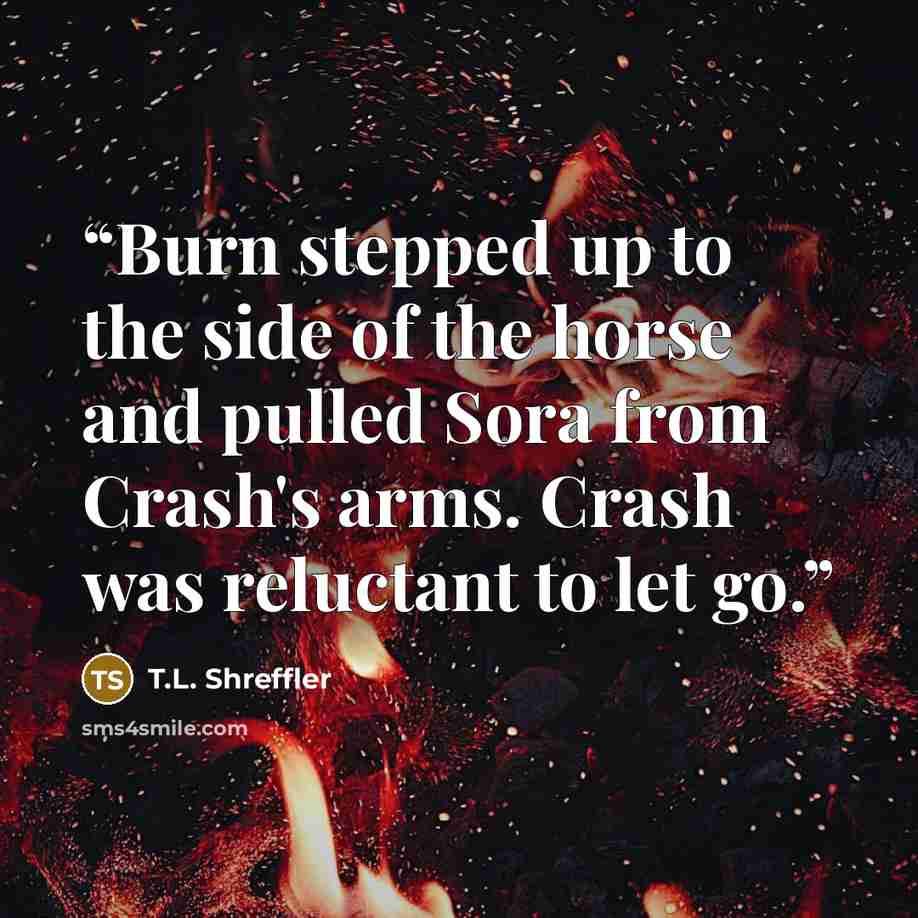 “Burn stepped up to the side of the horse and pulled Sora from Crash's arms. Crash was reluctant to let go.” quote by T.L. Shreffler
