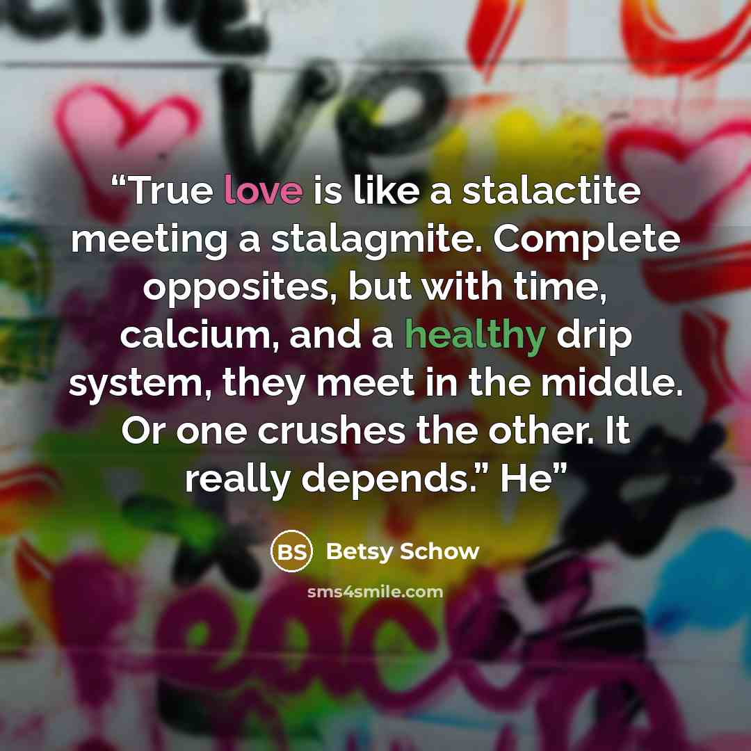 “True love is like a stalactite meeting a stalagmite. Complete opposites, but with time, calcium, and a healthy drip system, they meet in the middle. Or one crushes the other. It really depends.” He” quote by Betsy Schow