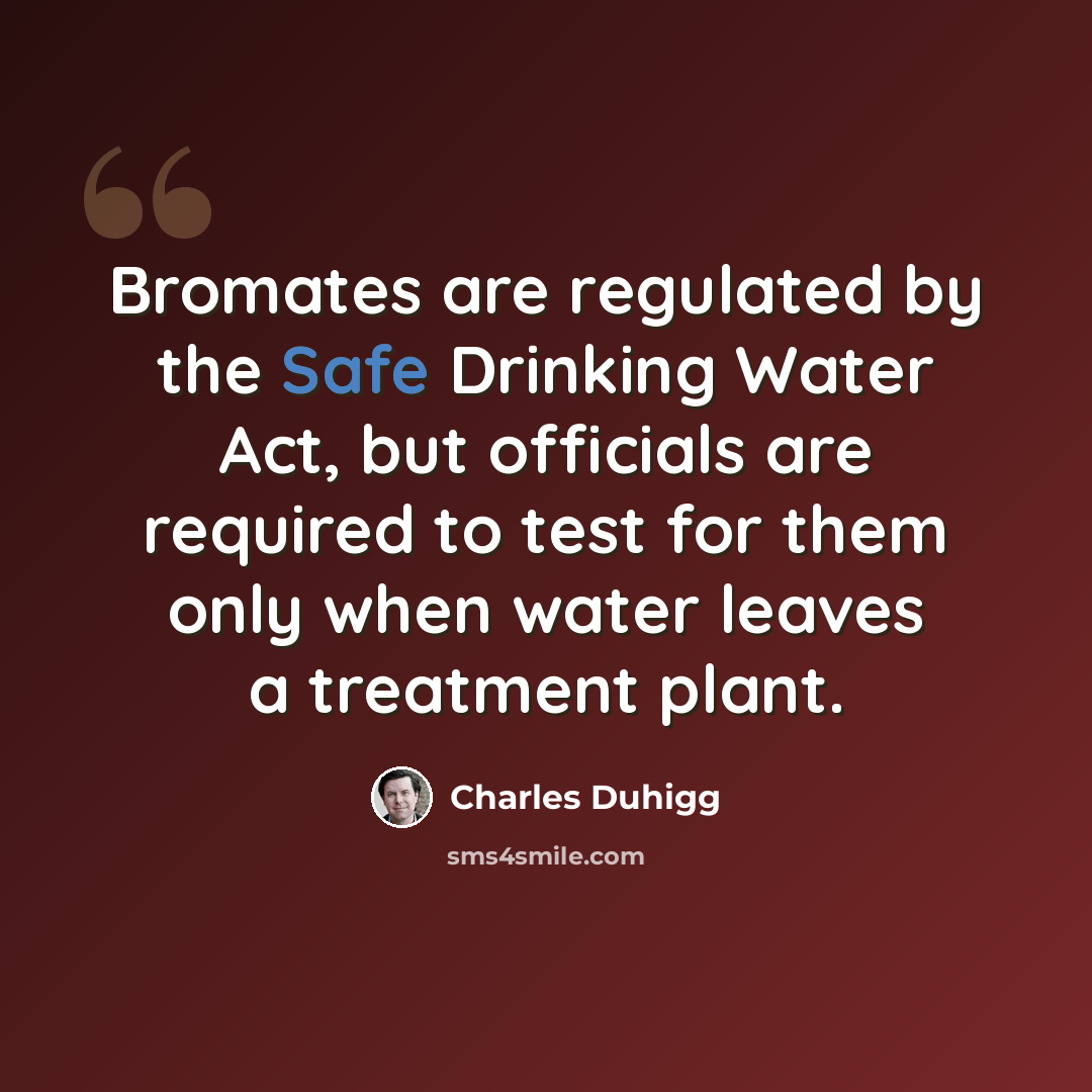 “Bromates are regulated by the Safe Drinking Water Act, but officials are required to test for them only when water leaves a treatment plant.” quote by Charles Duhigg