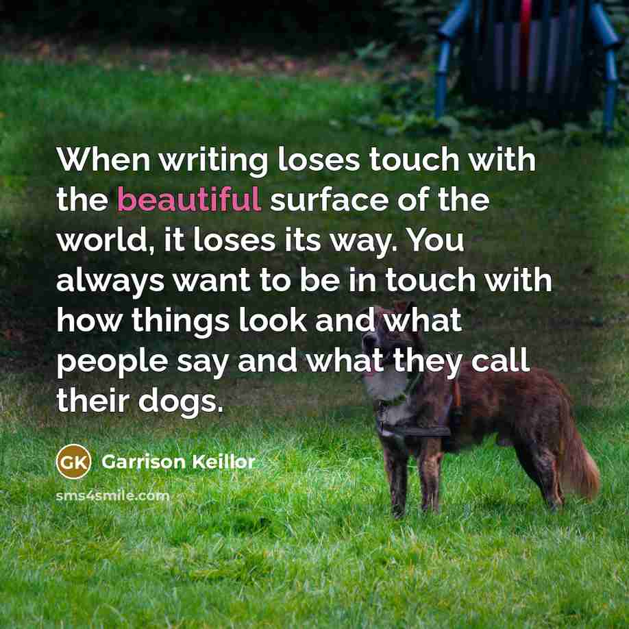 “When writing loses touch with the beautiful surface of the world, it loses its way. You always want to be in touch with how things look and what people say and what they call their dogs.” quote by Garrison Keillor