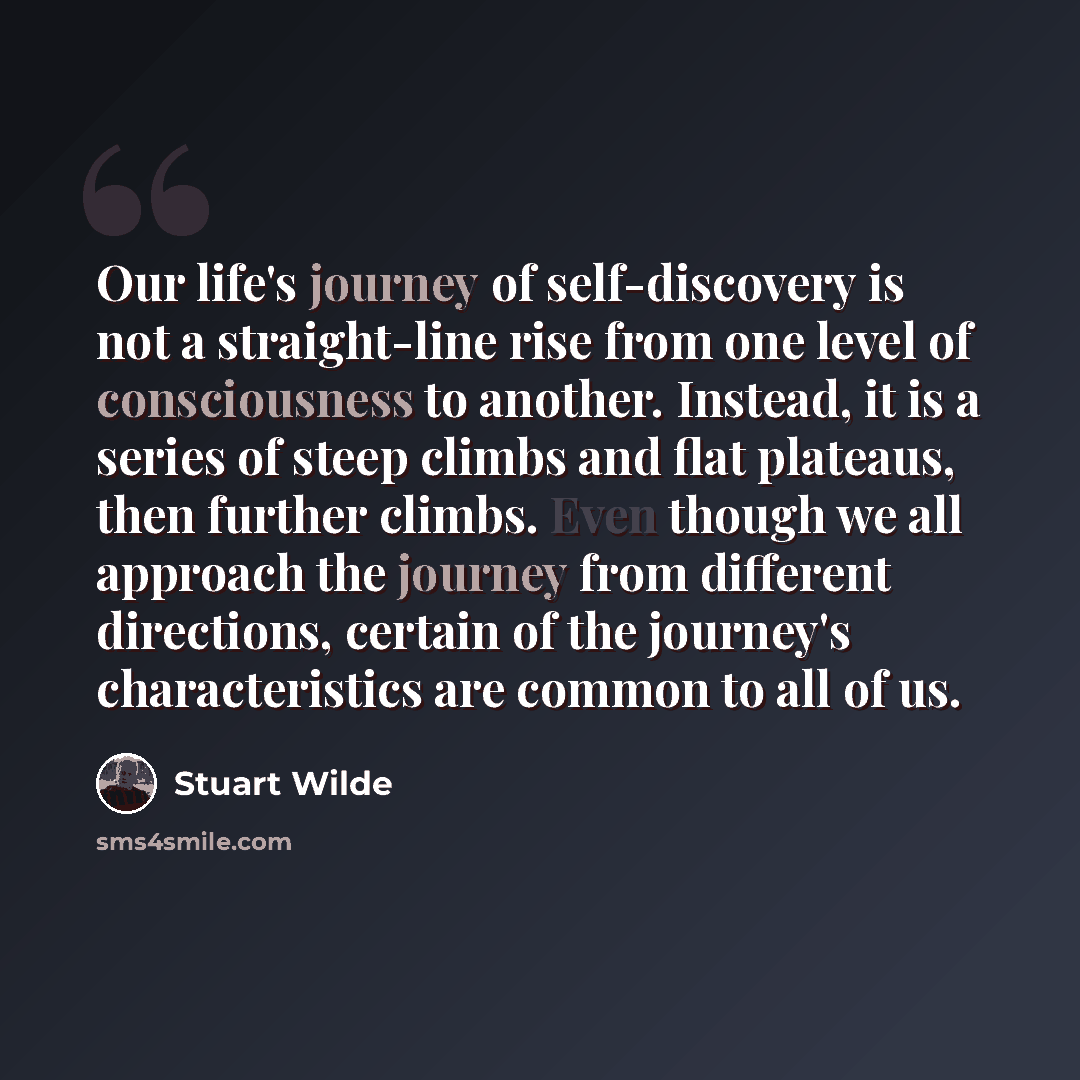 “Our life's journey of self-discovery is not a straight-line rise from one level of consciousness to another. Instead, it is a series of steep climbs and flat plateaus, then further climbs. Even though we all approach the journey from different directions, certain of the journey's characteristics…” quote by Stuart Wilde
