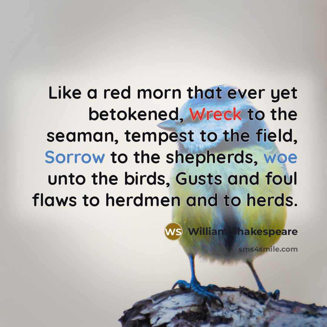 “Like a red morn that ever yet betokened, Wreck to the seaman, tempest to the field, Sorrow to the shepherds, woe unto the birds, Gusts and foul flaws to herdmen and to herds.” quote by William Shakespeare