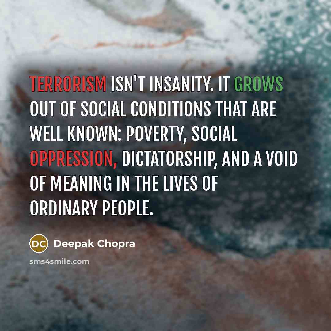 “Terrorism isn't insanity. It grows out of social conditions that are well known: poverty, social oppression, dictatorship, and a void of meaning in the lives of ordinary people.” quote by Deepak Chopra