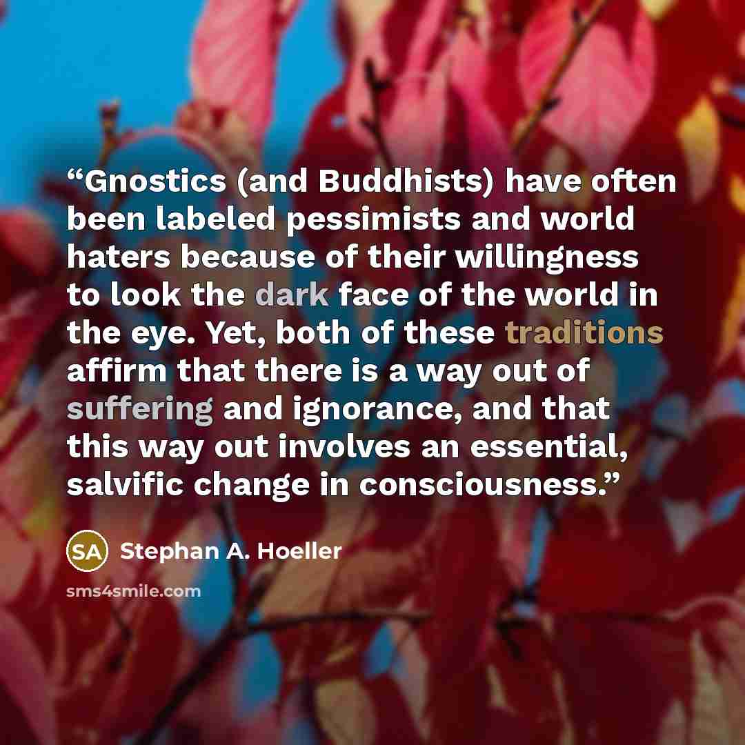 “Gnostics (and Buddhists) have often been labeled pessimists and world haters because of their willingness to look the dark face of the world in the eye. Yet, both of these traditions affirm that there is a way out of suffering and ignorance, and that this way out involves an essential, salvific…” quote by Stephan A. Hoeller