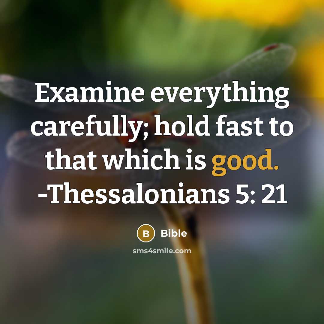 “Examine everything carefully; hold fast to that which is good. -Thessalonians 5: 21” quote by Bible