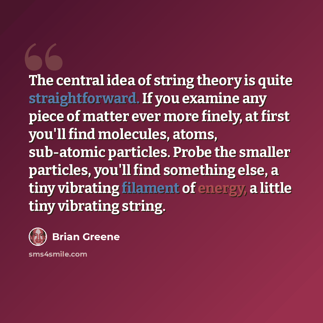 “The central idea of string theory is quite straightforward. If you examine any piece of matter ever more finely, at first you'll find molecules, atoms, sub-atomic particles. Probe the smaller particles, you'll find something else, a tiny vibrating filament of energy, a little tiny vibrating string.” quote by Brian Greene