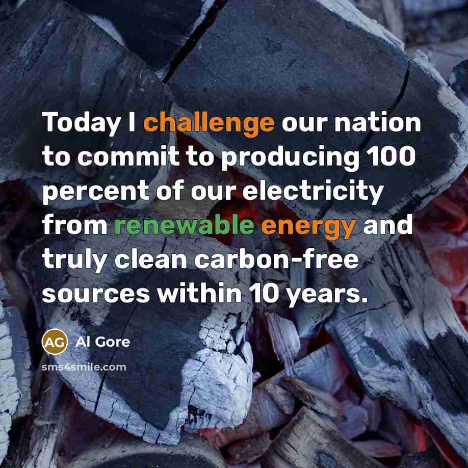 “Today I challenge our nation to commit to producing 100 percent of our electricity from renewable energy and truly clean carbon-free sources within 10 years.” quote by Al Gore
