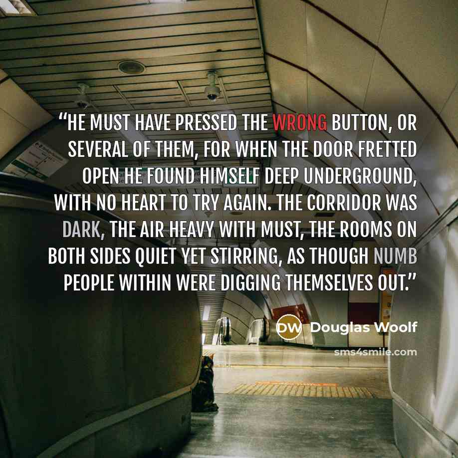 “He must have pressed the wrong button, or several of them, for when the door fretted open he found himself deep underground, with no heart to try again. The corridor was dark, the air heavy with must, the rooms on both sides quiet yet stirring, as though numb people within were digging themselves…” quote by Douglas Woolf