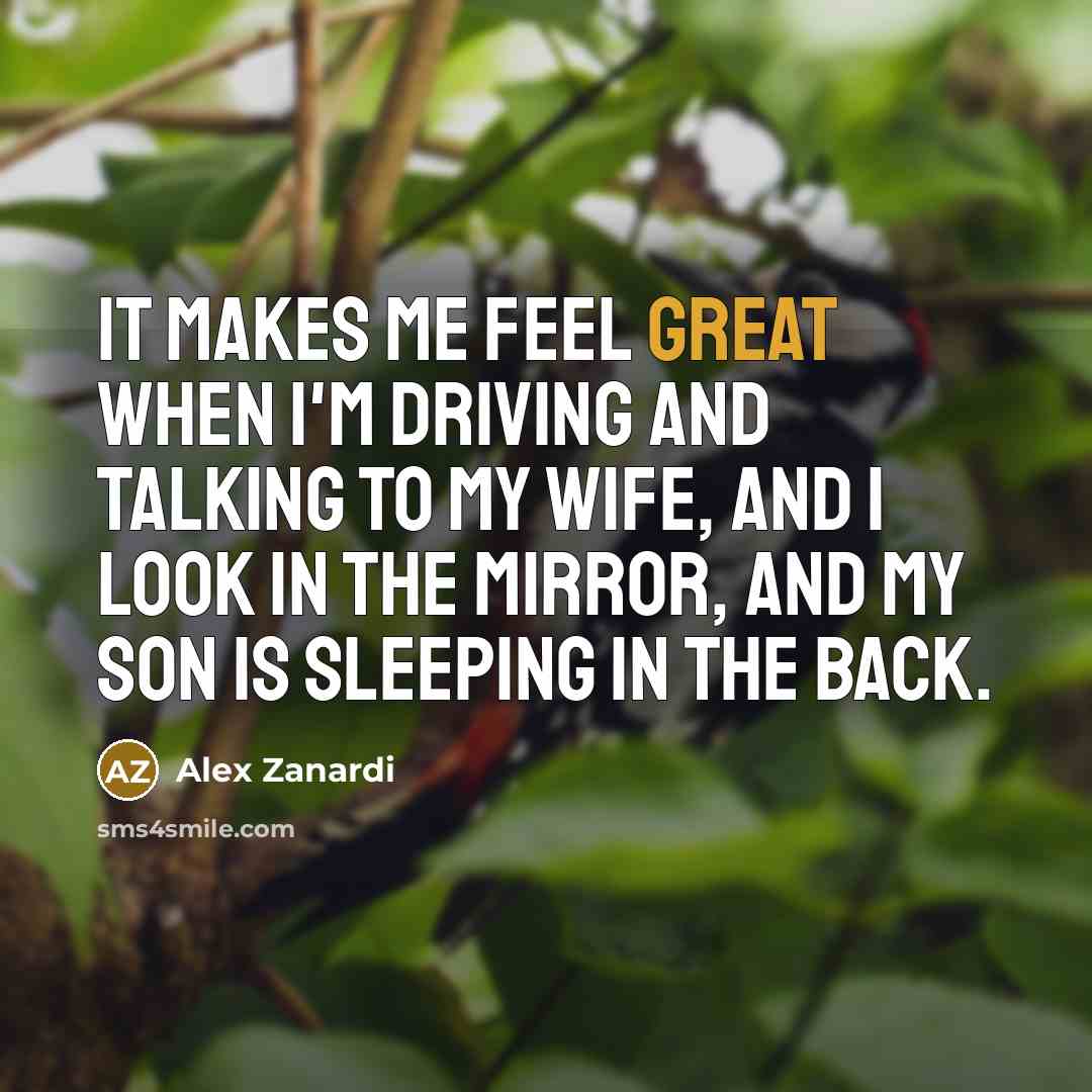 “It makes me feel great when I'm driving and talking to my wife, and I look in the mirror, and my son is sleeping in the back.” quote by Alex Zanardi