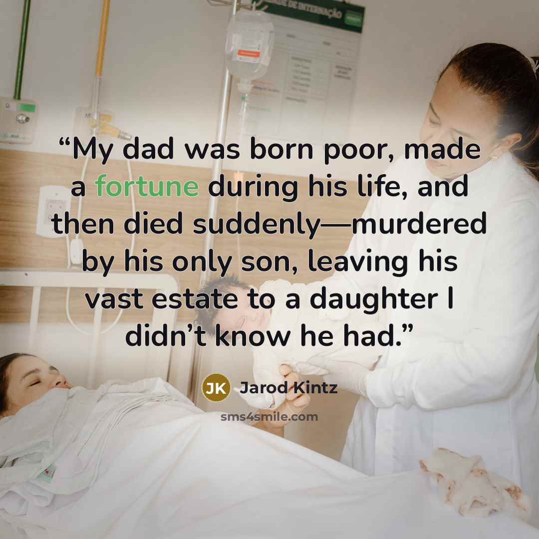 “My dad was born poor, made a fortune during his life, and then died suddenly—murdered by his only son, leaving his vast estate to a daughter I didn’t know he had.” quote by Jarod Kintz