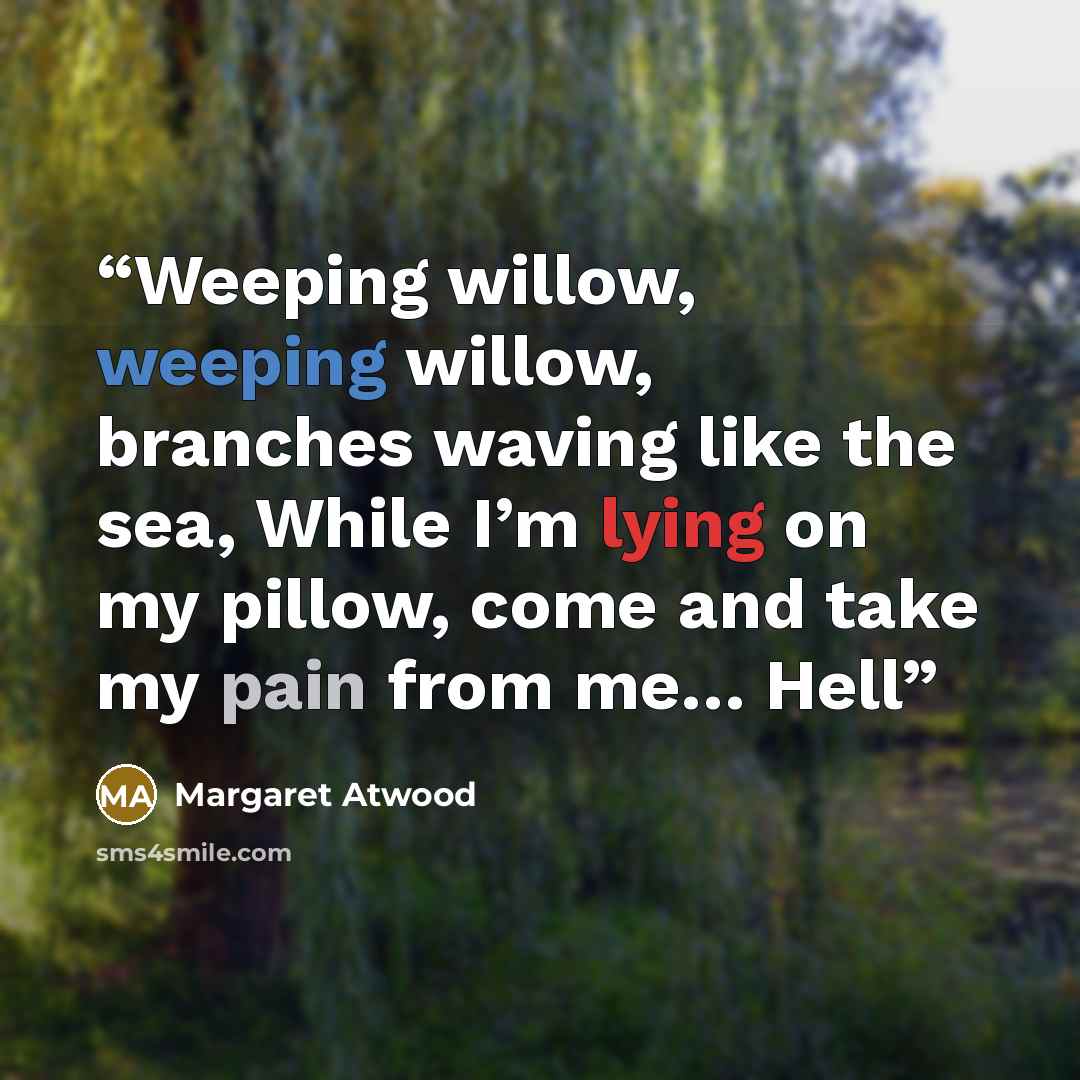 “Weeping willow, weeping willow, branches waving like the sea, While I’m lying on my pillow, come and take my pain from me… Hell” quote by Margaret Atwood