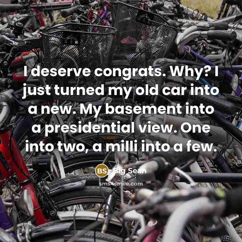 “I deserve congrats. Why? I just turned my old car into a new. My basement into a presidential view. One into two, a milli into a few.” quote by Big Sean