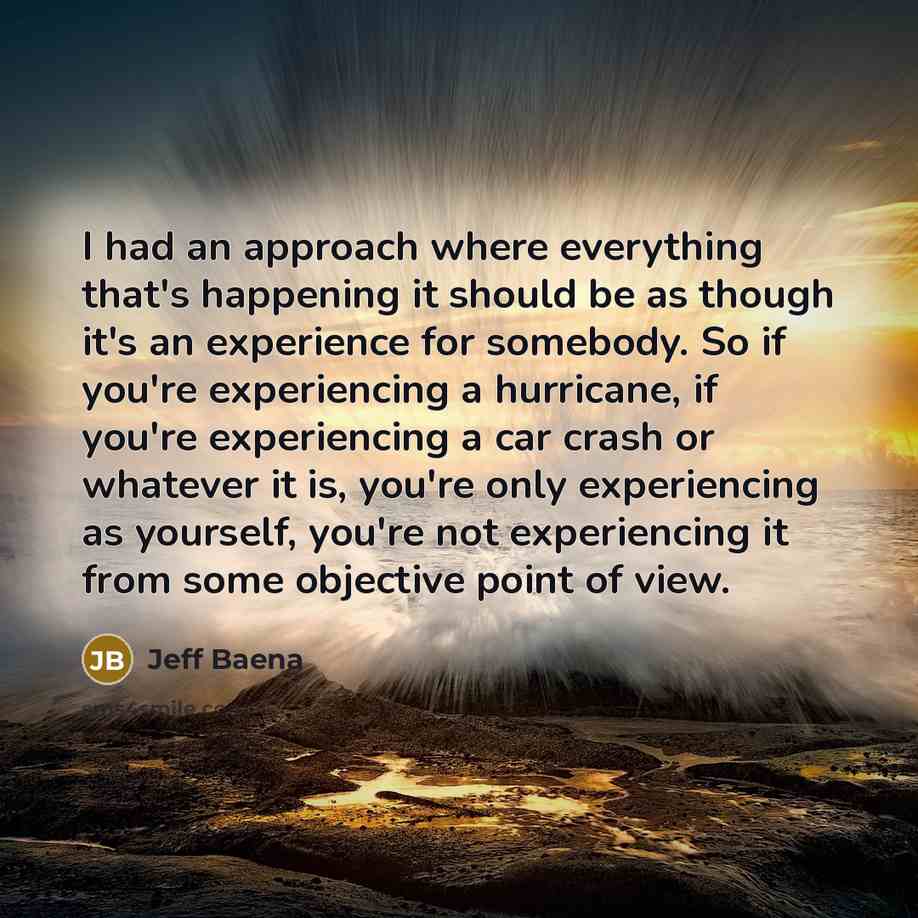 “I had an approach where everything that's happening it should be as though it's an experience for somebody. So if you're experiencing a hurricane, if you're experiencing a car crash or whatever it is, you're only experiencing as yourself, you're not experiencing it from some objective point of view.” quote by Jeff Baena