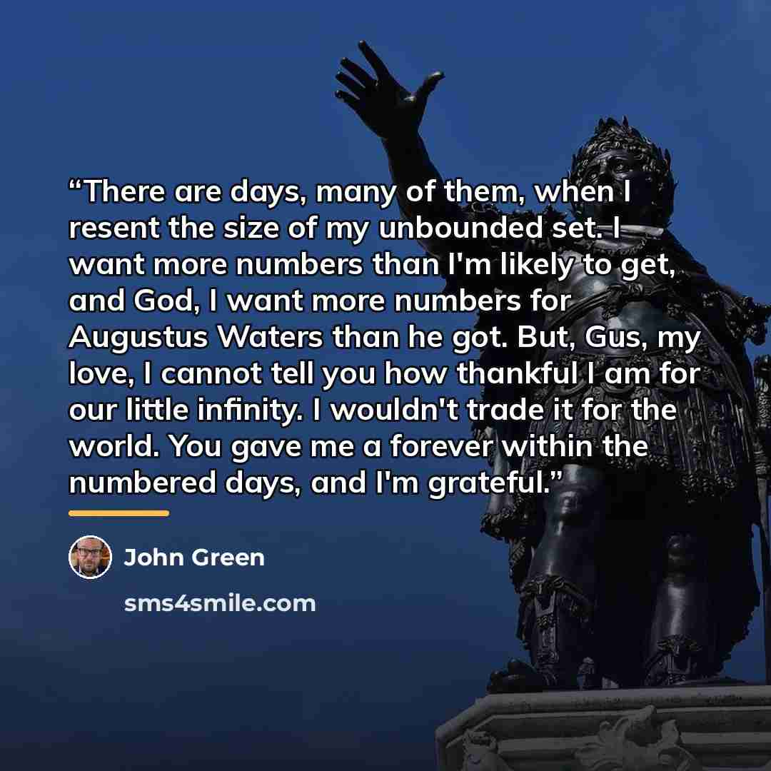 “There are days, many of them, when I resent the size of my unbounded set. I want more numbers than I'm likely to get, and God, I want more numbers for Augustus Waters than he got. But, Gus, my love, I cannot tell you how thankful I am for our little infinity. I wouldn't trade it for the world. You…” quote by John Green