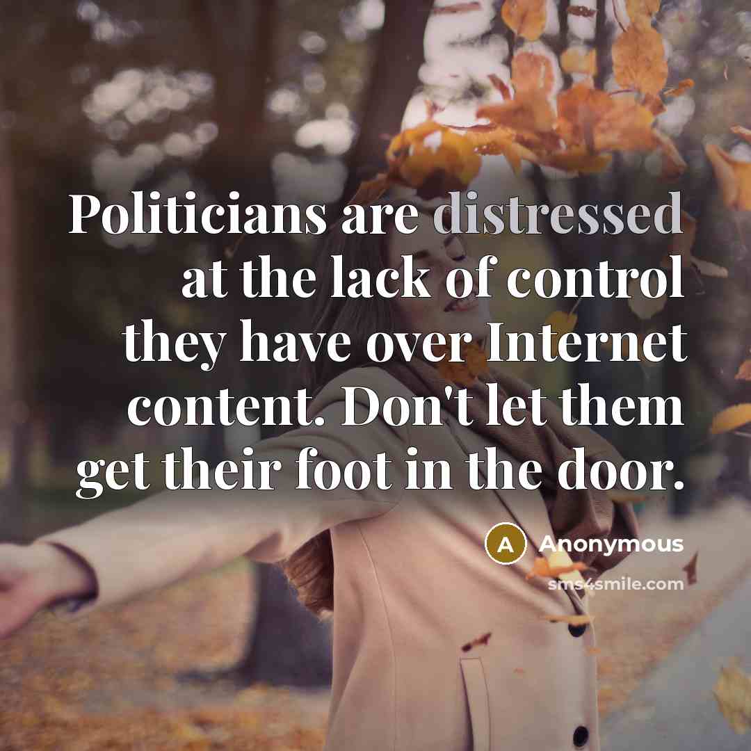 “Politicians are distressed at the lack of control they have over Internet content. Don't let them get their foot in the door.” quote by Anonymous