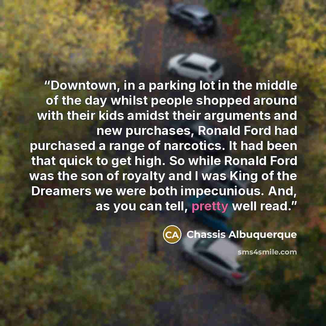 “Downtown, in a parking lot in the middle of the day whilst people shopped around with their kids amidst their arguments and new purchases, Ronald Ford had purchased a range of narcotics. It had been that quick to get high. So while Ronald Ford was the son of royalty and I was King of the Dreamers…” quote by Chassis Albuquerque