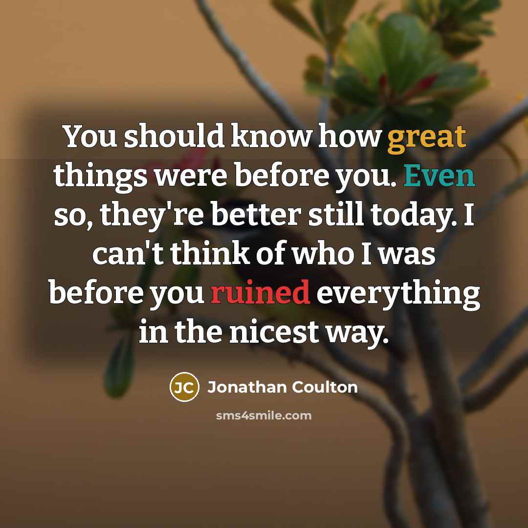 “You should know how great things were before you. Even so, they're better still today. I can't think of who I was before you ruined everything in the nicest way.” quote by Jonathan Coulton