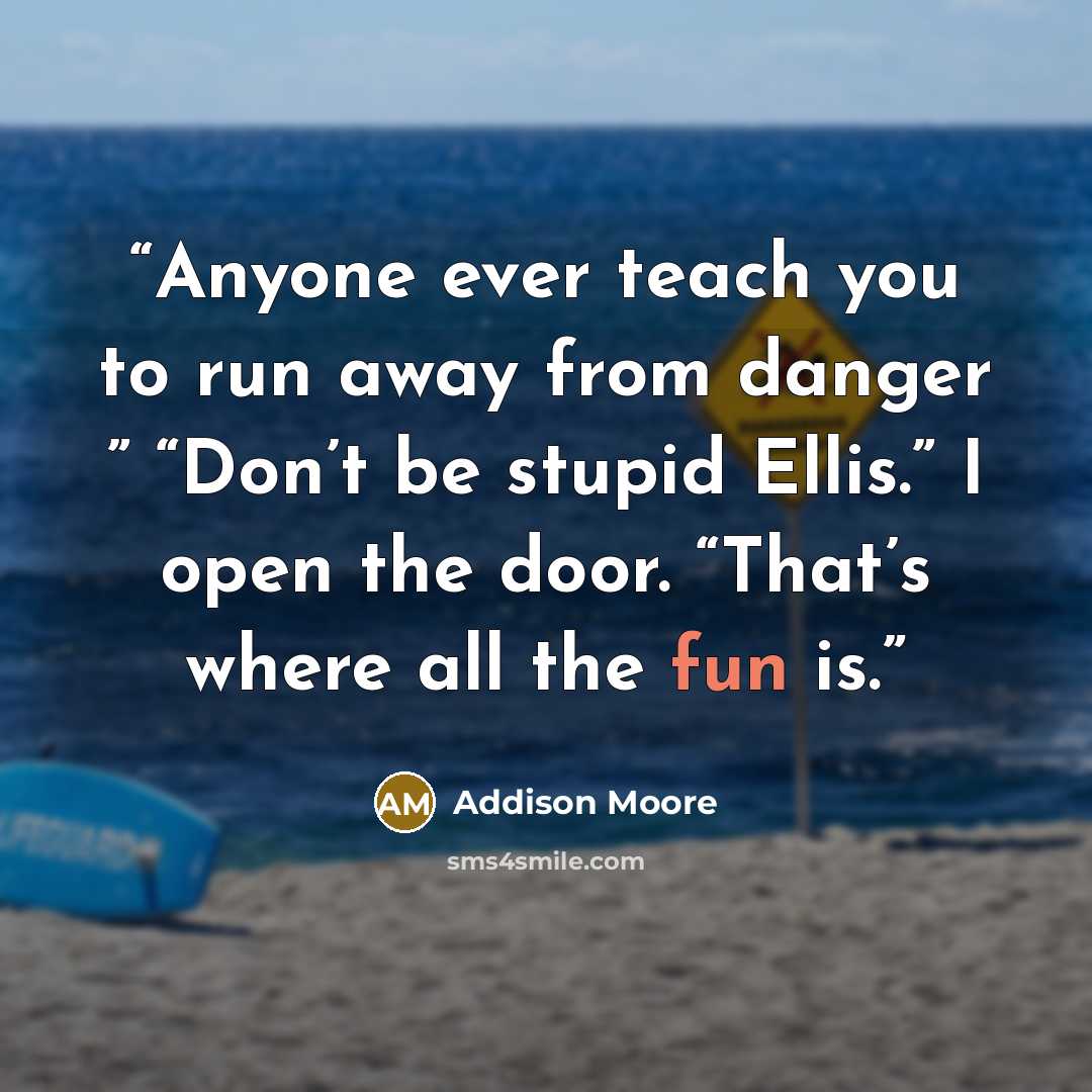 “Anyone ever teach you to run away from danger ” “Don’t be stupid Ellis.” I open the door. “That’s where all the fun is.” quote by Addison Moore