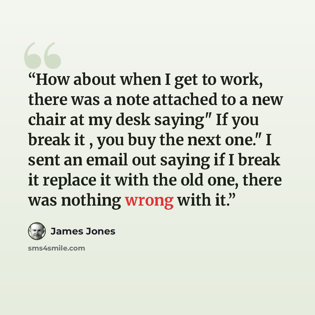 “How about when I get to work, there was a note attached to a new chair at my desk saying" If you break it , you buy the next one." I sent an email out saying if I break it replace it with the old one, there was nothing wrong with it.” quote by James Jones
