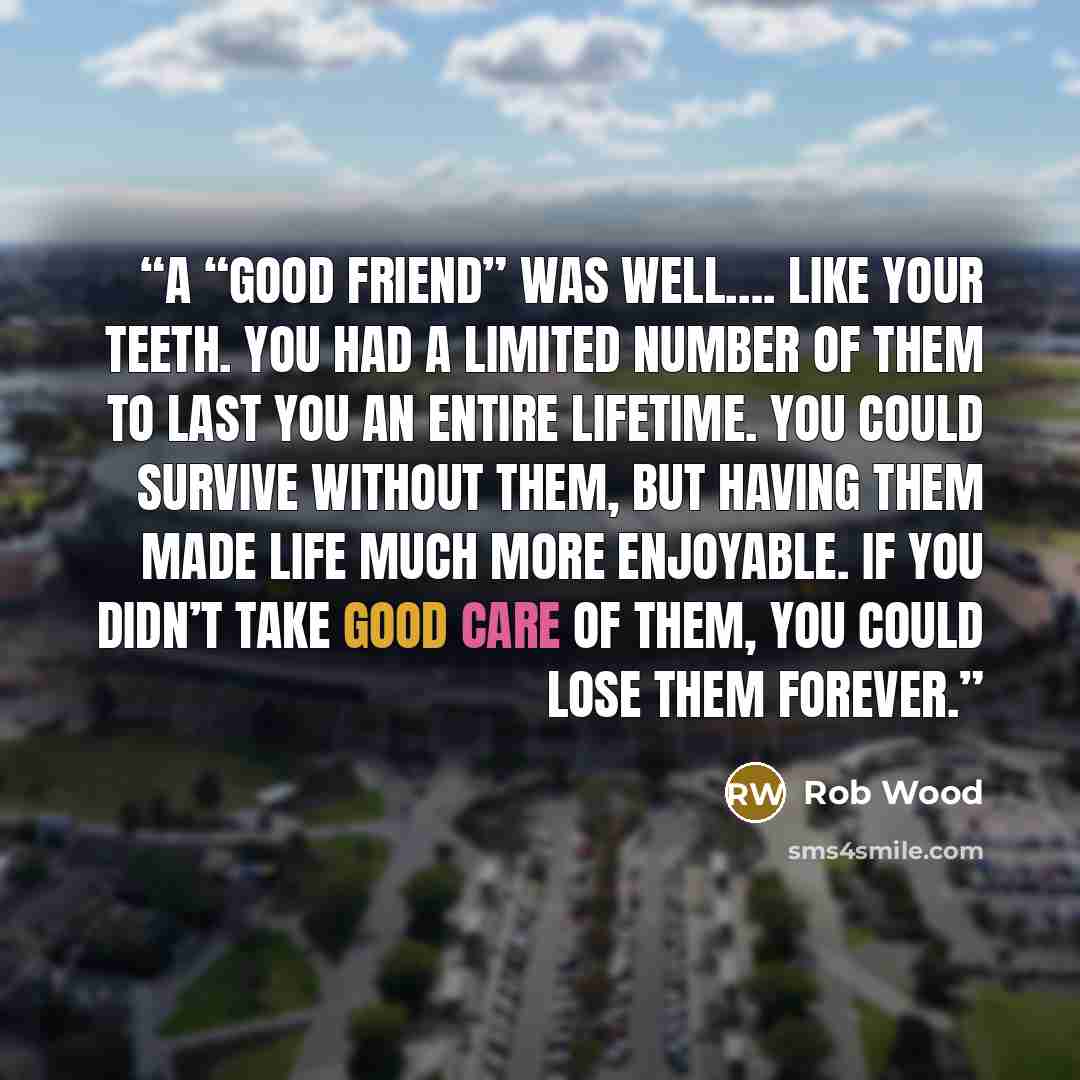 “A “good friend” was well…. Like your teeth. You had a limited number of them to last you an entire lifetime. You could survive without them, but having them made life much more enjoyable. If you didn’t take good care of them, you could lose them forever.” quote by Rob Wood